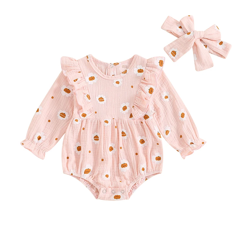 

Baby Girls 2Pcs Halloween Outfits Long Sleeve Pumpkin Flower Print Romper with Headband Set Newborn Clothes