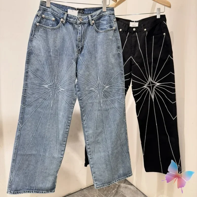 High Quality Embroidered Spider Web Thug Club Jeans Hiphop Street Metal Stars Moons Labe Blue Denim Pants Men Women Trousers