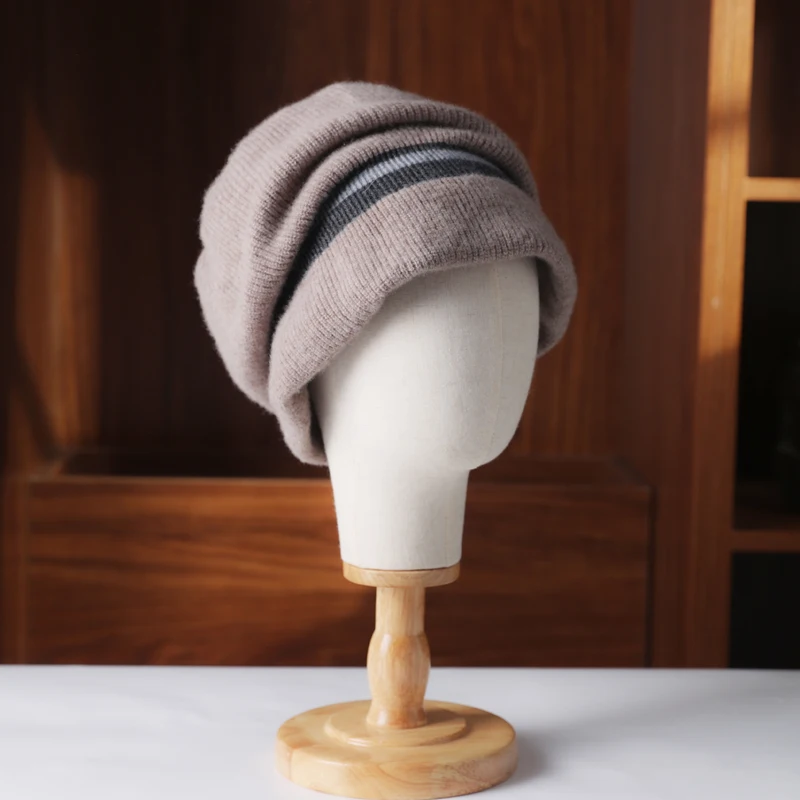 Autumn And Winter New Warm Contrast Striped Wool Hat Female Ear Protection Face Small Version Loose Cashmere Pile Hat