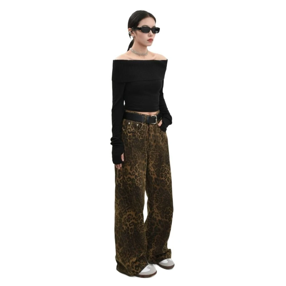 Simple High Waist Jeans Women Y2K Loose Hip Hop Leopard Pants Streetwear Baggy Cowboy Pants Party