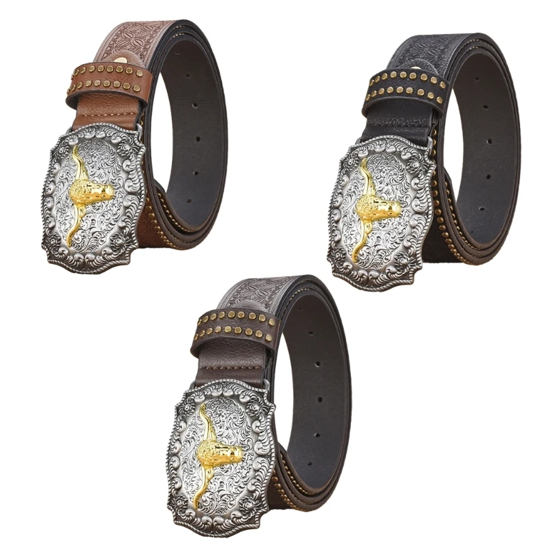 

Eye-catching Relief Bull Head Buckle Belt Embossed Pattern Waist Belt Ethnic Style Teens Man Waist Belt Wear-Resistant