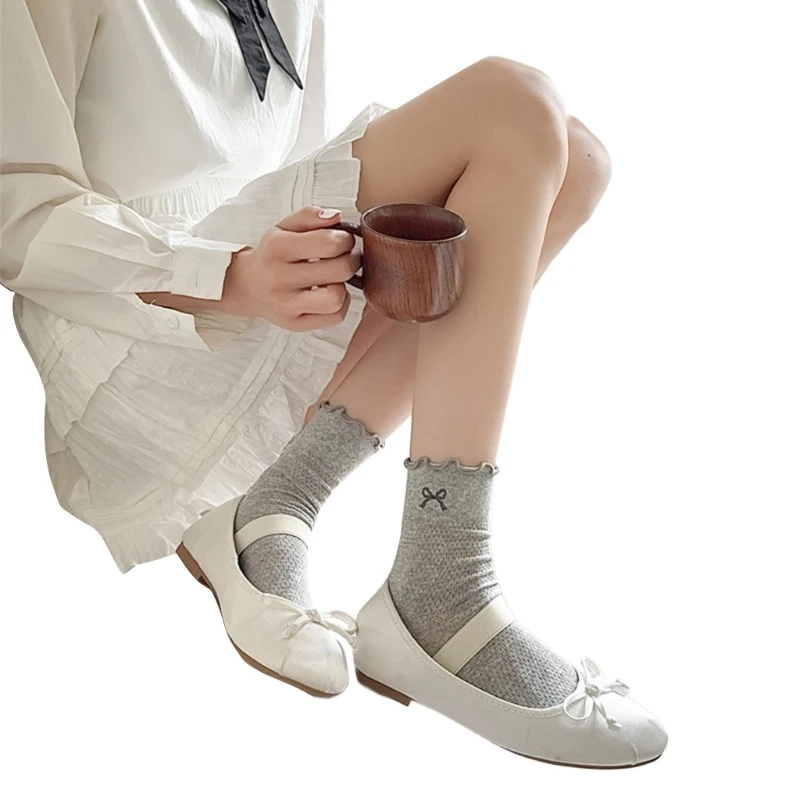 Trendy Mesh Socks with Embroidered Bowknot Ruffle Middle Calf Cotton Socks
