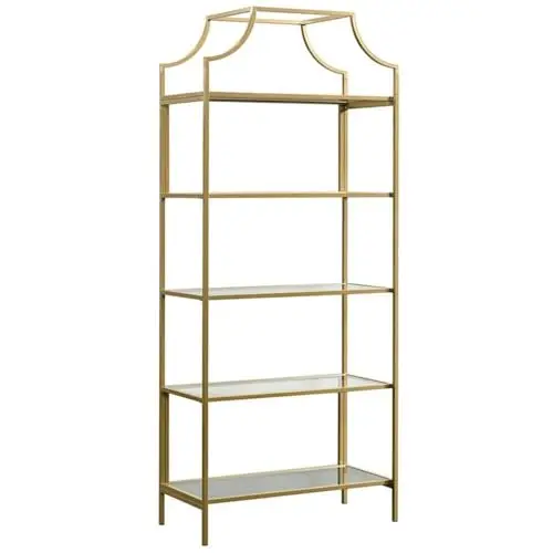 Modern Metal 5 Shelf Bookcase, Satin Gold Finish, Safety-Tempered Glass Shelves, Durable Metal Construction, 70.87 in H