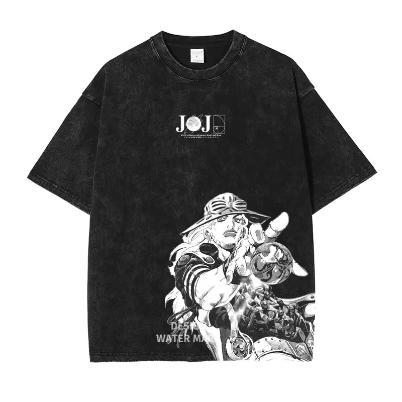 Anime Jojo Steel Ball Run T-shirt Joutarou Dio Gyro Zeppeli Vintage Washed T Shirts Y2K Manga Oversized Short Sleeve Tops Tees