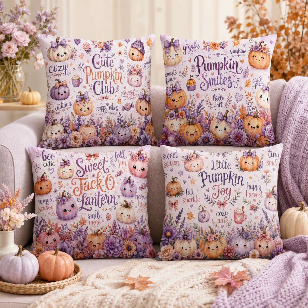Pumpkin Smiles Fall Magic Cushion Cover Double-Sided Plush Sofa Cushion Covers Organic Breathable Invisible Zipper