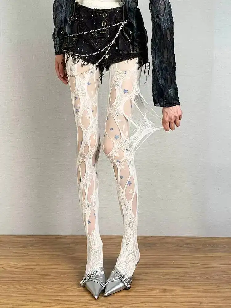 Y Demo Women's Y2K Grunge Distressed Lace Tights Star Print Sexy Fishnet Pantyhose Streetwear  Layered Stocking