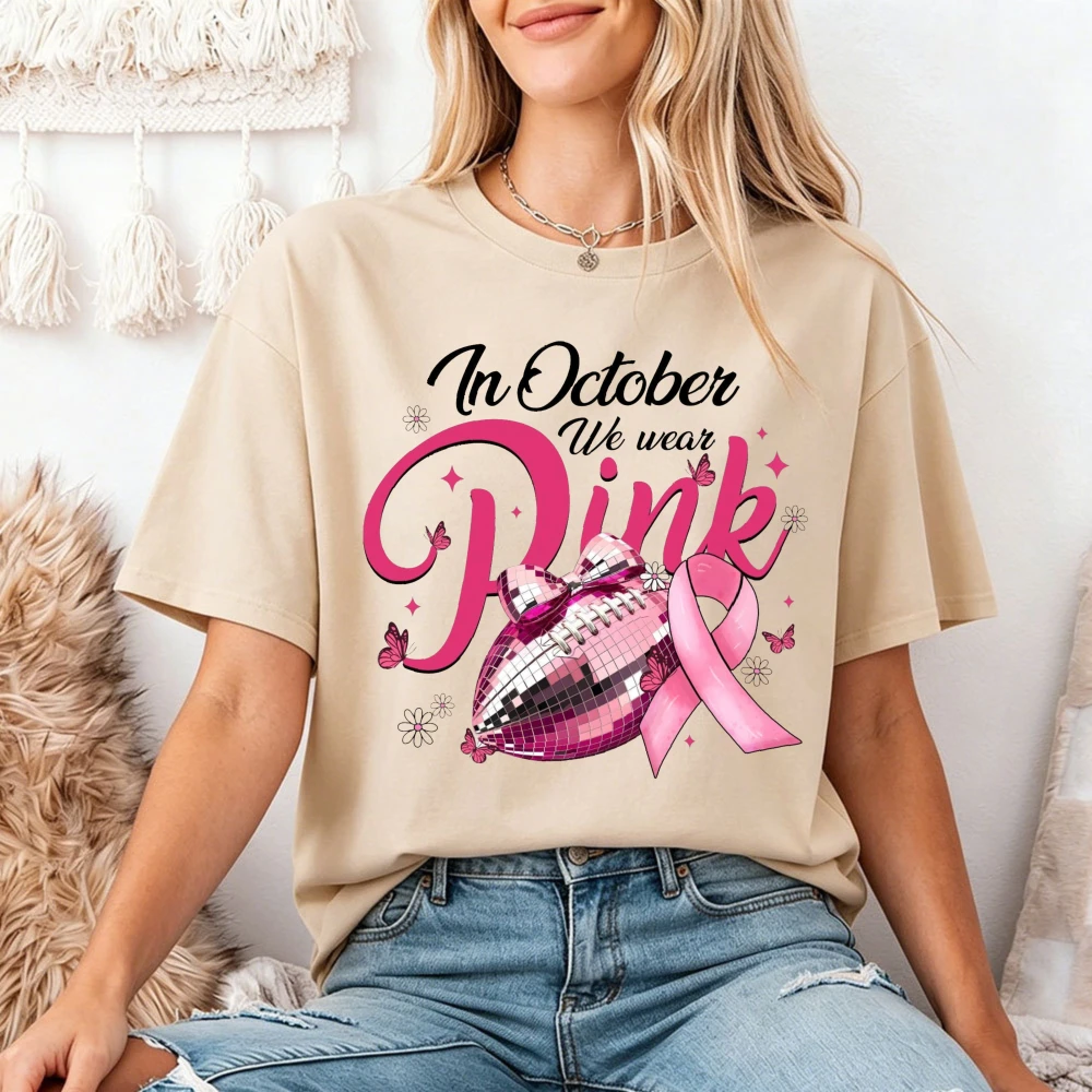 In October We Wear Pink Disco Football T Shirt Women Pink Ribbon Breast Cancer Awareness Graphic Tee Loose Casual Clothes
