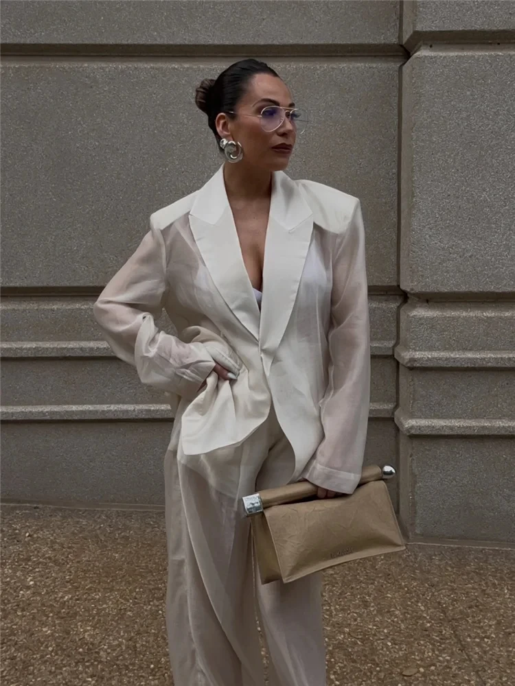 

Lapel Perspective Shirt Woman Splice Straight Pants Solid Color Loose Suit Jacket Two-Piece Set Casual Fashion Chic Female Suits