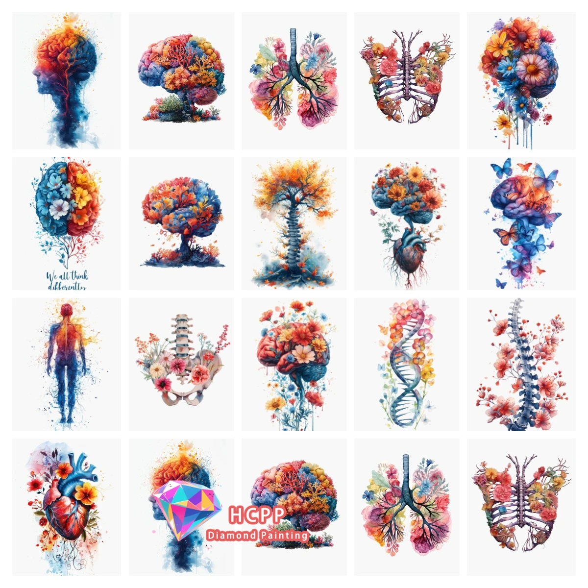 Watercolor Anatomy Medicine Heart Brain Skeleton Diamond Painting Kit 5D DIY Diamond Embroidery Cross Handmade Art Gift Crafts