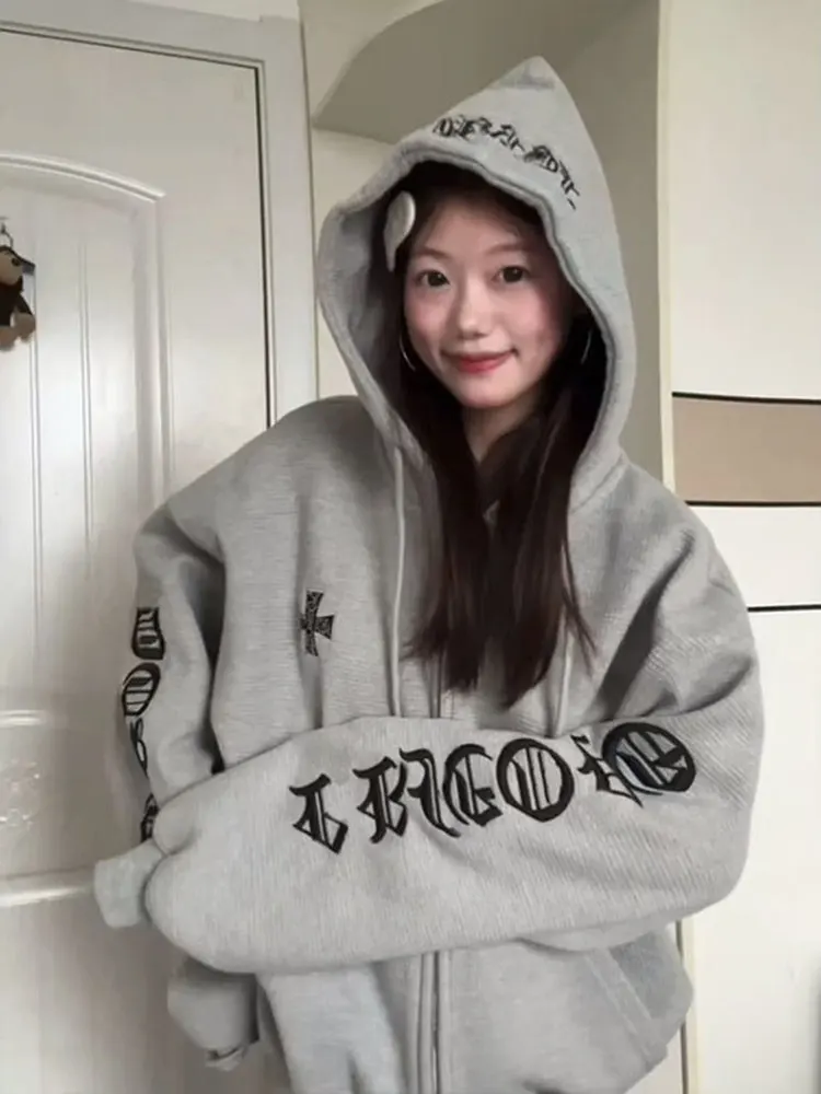 سترة نسائية بغطاء للرأس بسحاب متقاطع من American High Street سترة نسائية لربيع وخريف قوطي فضفاضة مفتوحة متعددة الاستخدامات ملابس خارجية غير رسمية عصرية