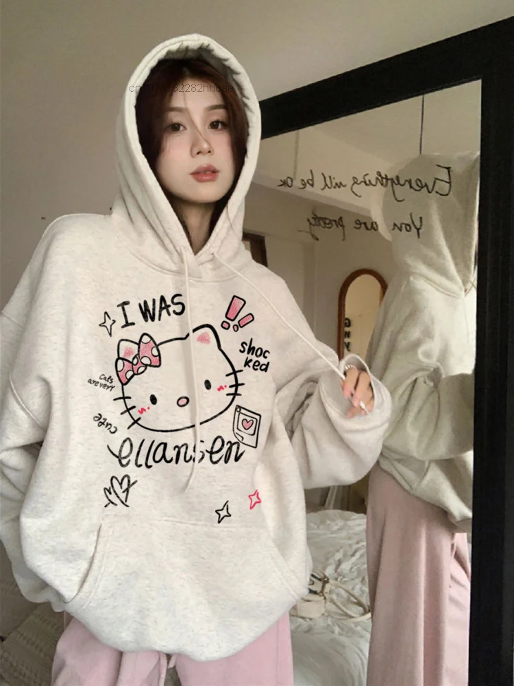 Autumn Winter Sanrio Cute Hello Kitty Campus Style Hoodie Grunge Hip Hop Sweatshirt Y 2k Loose Emo Hooded Clothes Streetwear Yk2