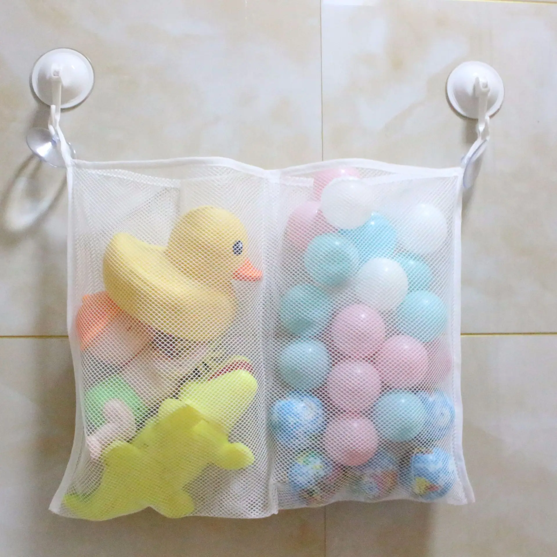 

Baby Bathroom Toy Storage Bag Mesh Folding Eco-Friendly Polyester Siamese Wall-mounted Washable Child Bath Net Suction Baskets