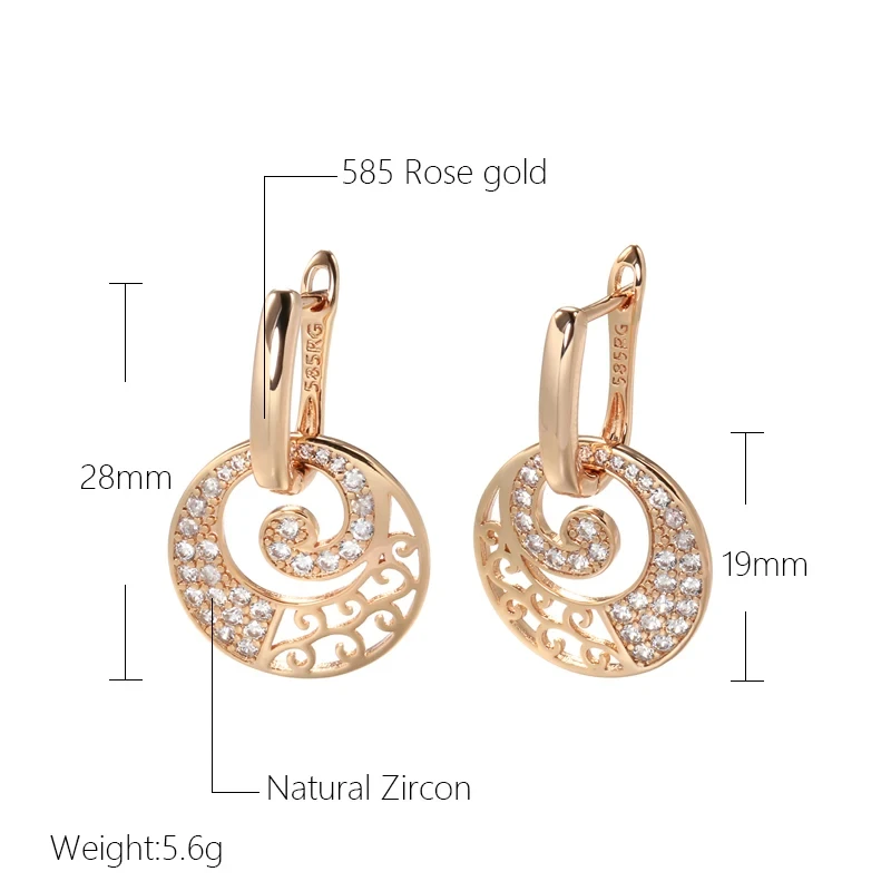 Wbmqda Luxury Circle Hollow Drop Earrings For Women 585 Rose Gold Color With White Natural Zircon Fine Daily Party Jewelry