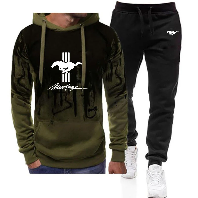 2024 Spring Autumn Mustang Logo Printed Trendy Gradient Color Hoodies Sports Set Men\'s Hooded Tracksuit+Leisure Sweatpants Suits