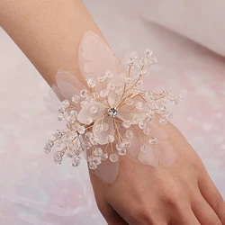 Bridal Wrist Corsage Crystal Flower Wedding Hand Flower Bracelet For Bridesmaid Girl Jewelry Party Boutoniere Marriage Accessory