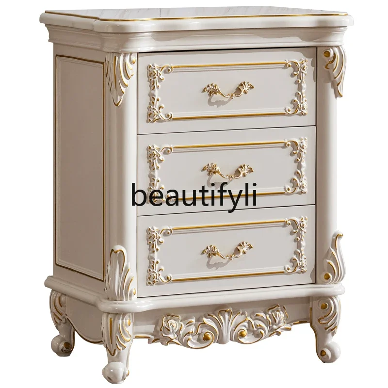 

European Style Three-Drawer Cabinet Solid Wood White Carved Storage Cabinet Tall Bedroom Bedside Table