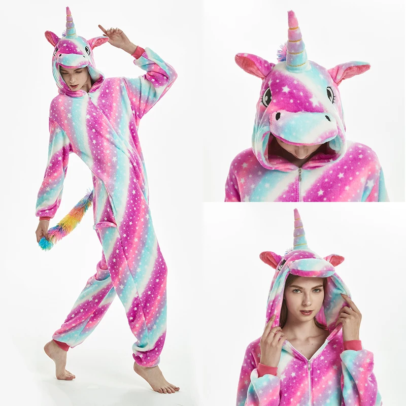 Animal Kigurumis for Women Winter Flannel Warm Pajamas Unicorn Lion Dinosaur Hooded Sleepwear Jumpsuit Cospaly Costumes Adult