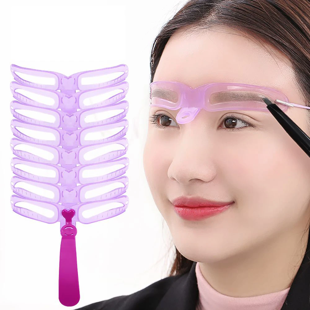 8 Pcs/Set Eyebrow Stencils Eyebrow Shaper Template Reusable Eyebrow Stencil with Handle and Strap Makeup Tools and Accessories