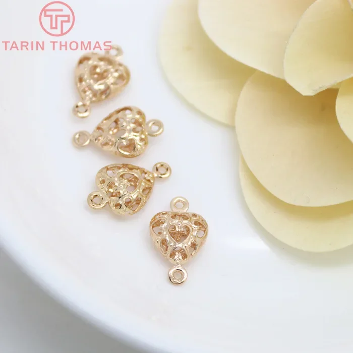 (584)10PCS 9x14MM 24K Gold Color Plated Brass 2 holes Hollow Heart Charms High Quality Diy Jewelry Accessories