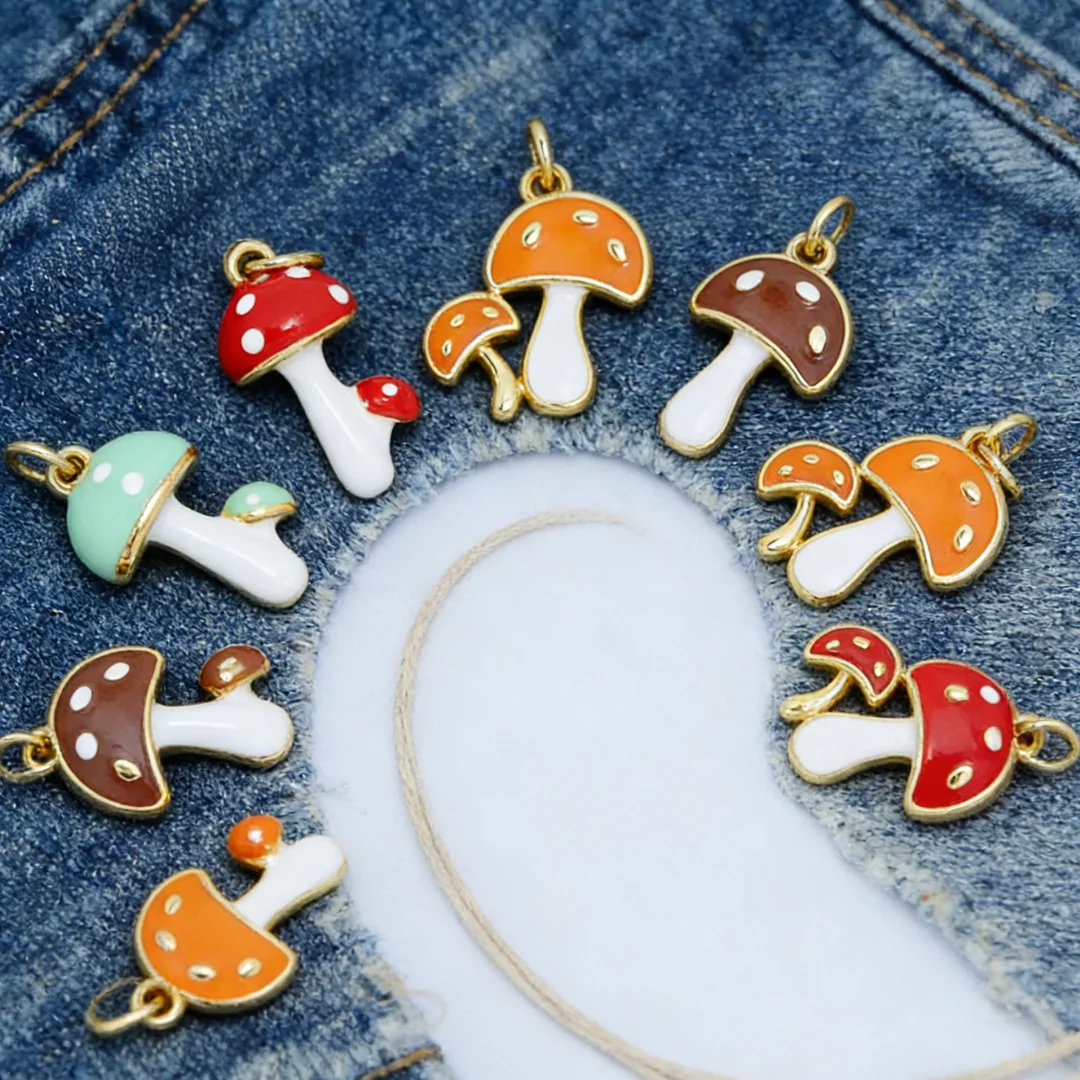 12Pcs Pendants Cute Enamel Mushroom Charms for Jewelry Making Brass Cubic Zirconia DIY Necklace Bracelet Accessories Women Men