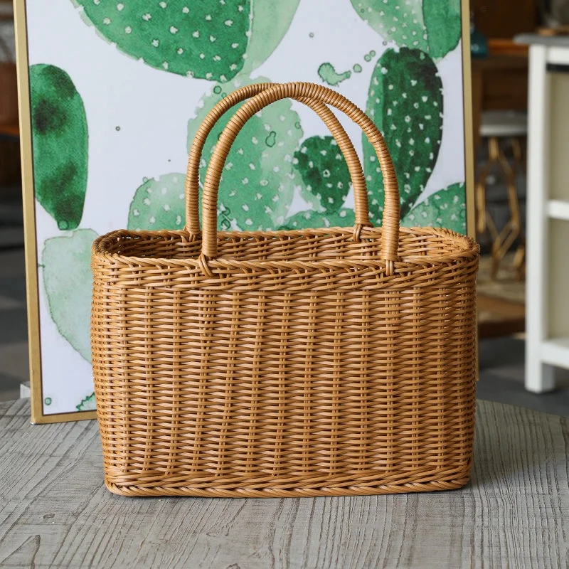 1 PCS Woven Wicker Baskets Picnic Handle Storage Rattan Market Basket Flower Handles Straw Fruit Gift Shopping Hand Tote Brown