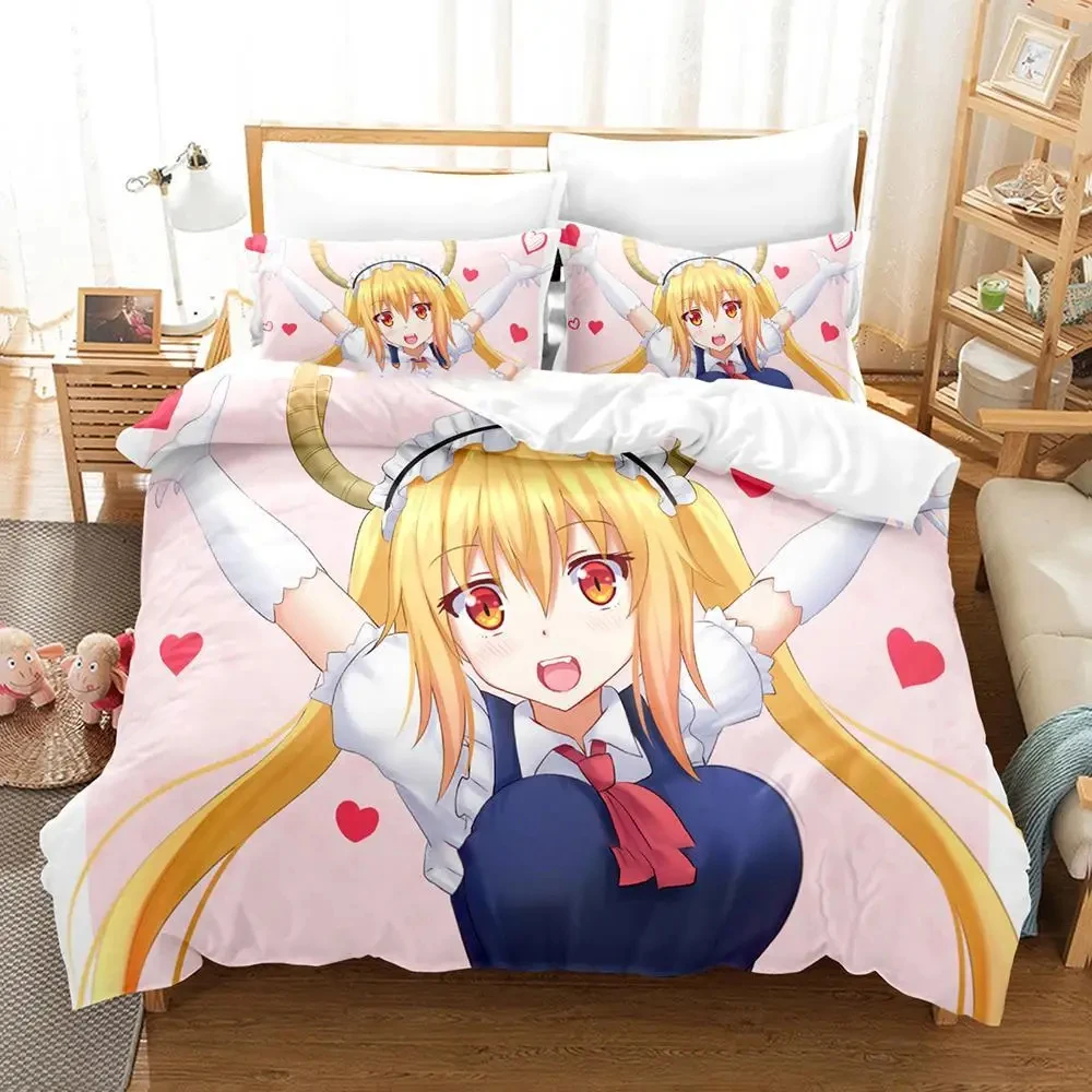 Miss Kobayashi's Dragon Maid Anime 3 Piece Set for Adult Boys Bedroom Kawaii Duvetcover Set for Girls Duvet Cover Bed Set