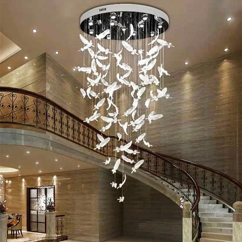 Amber Clear Crystal Feather Chandelier LED Ceiling Pendant Light for Staircase Beauty Salon Reception Room Lobby Stainless Steel