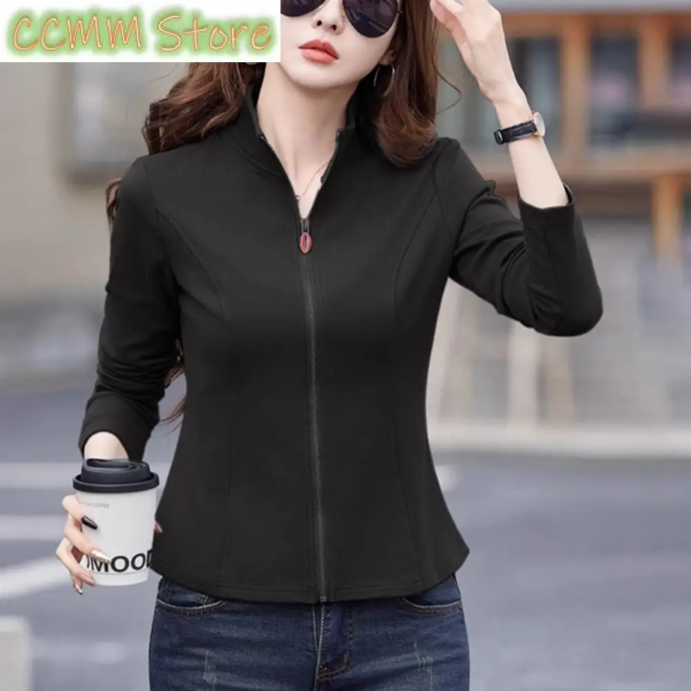 Bawełniana koszulka z długim rękawem dla kobiet, wiosenno-jesienna moda, koreańska wersja, stójka, luźny kardigan, zapinany na zamek, casual.