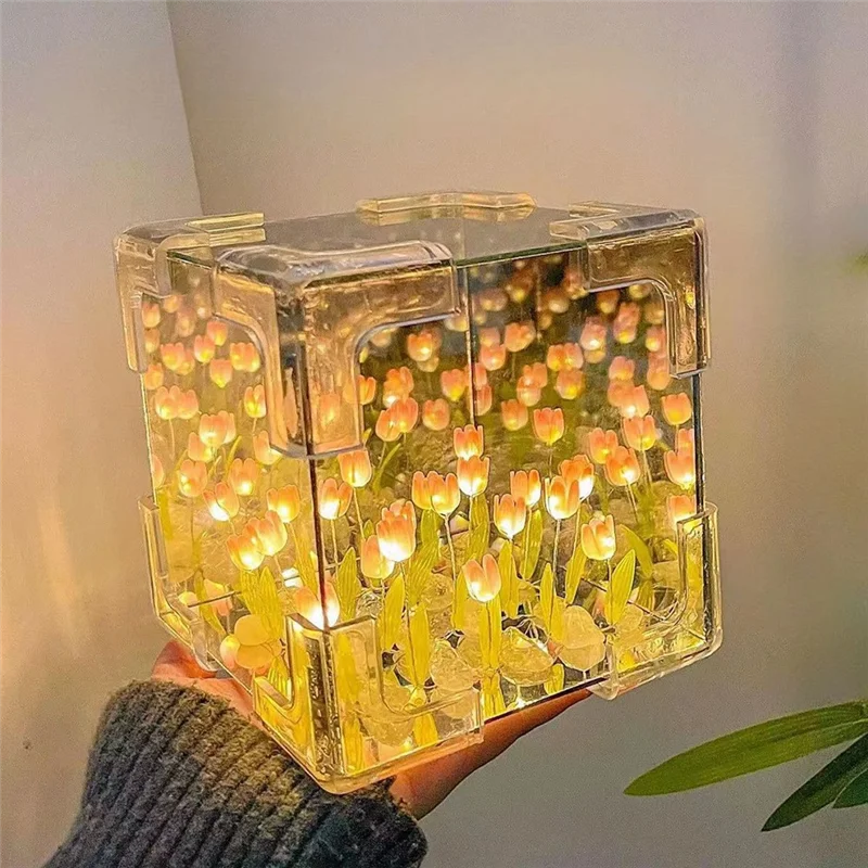 

BAAG-DIY Tulips Mirror Cube Night Light Room Lamp Decor Ornament Handmade Material Package Desk Decoration Pink