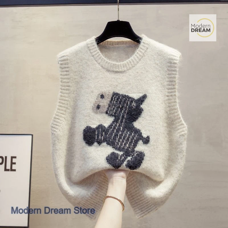 

Korean style round neck embroidered pony pattern knitted vest women's autumn and winter new fashion loose casual Joker sweater