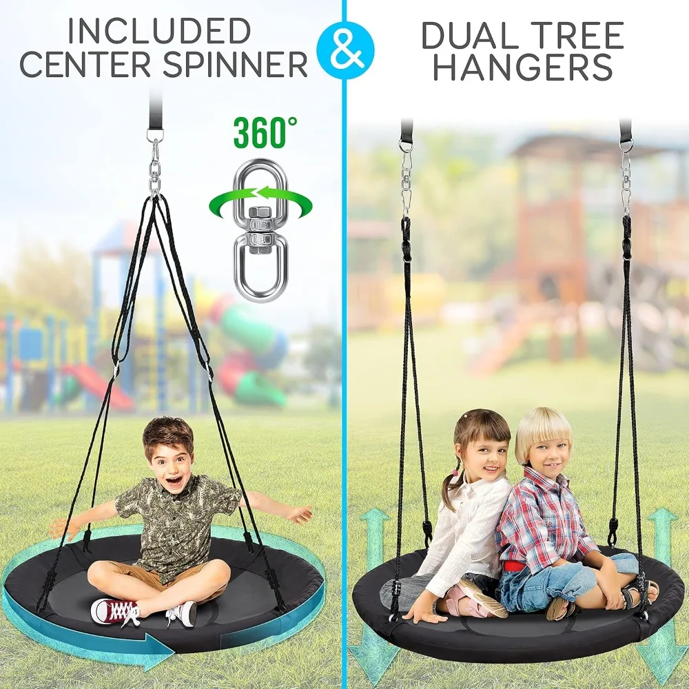 40" Outdoor Tree Swing with Adjustable Ropes and Center Swivel for Kids, Black