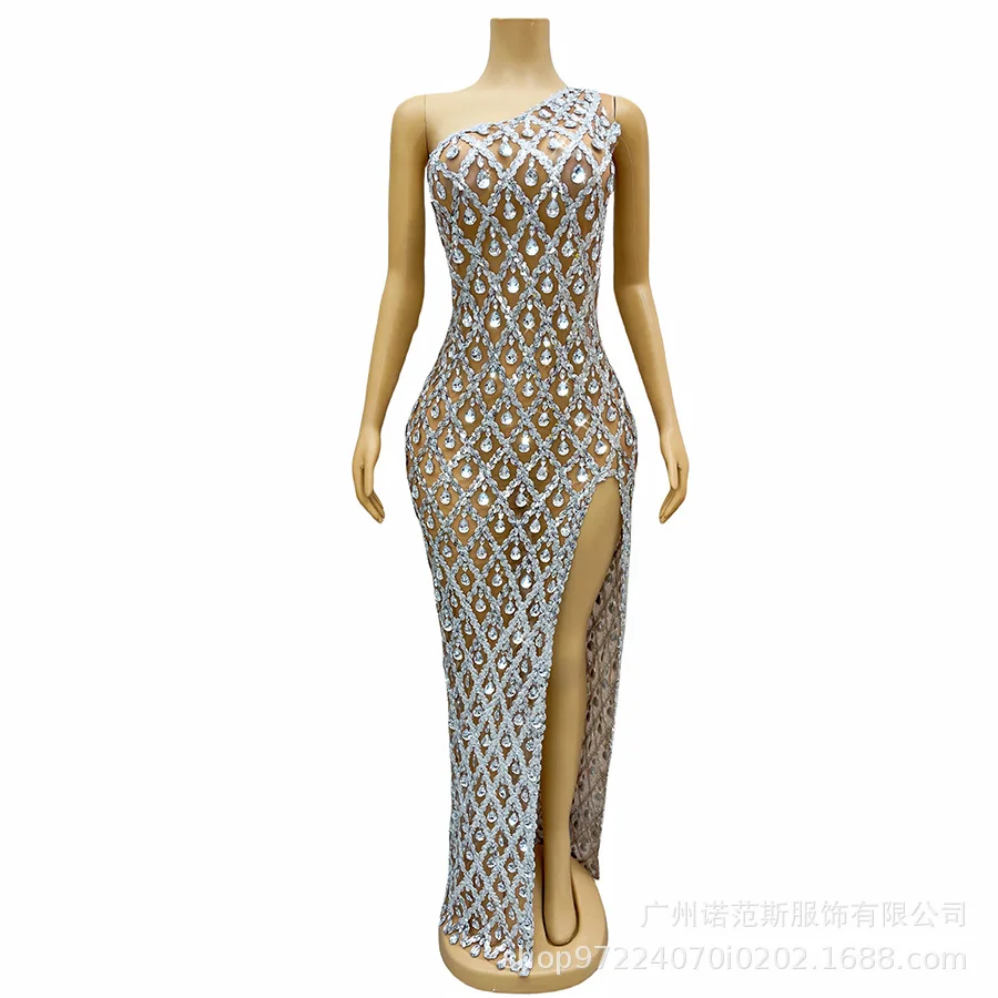 

One-shoulder Water Drop Drill High Split Fork Temperament Waist Dress Wedding Emcee Star Red Carpet Annual Meeting Awards Dress