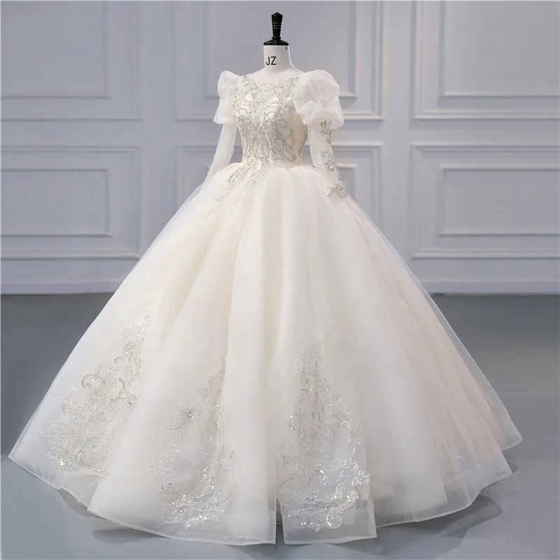 Langarm Brautkleider neue vestido de noiva klassische Champagner Ballkleid süße Puff ärmel Prinzessin Robe de Mariee