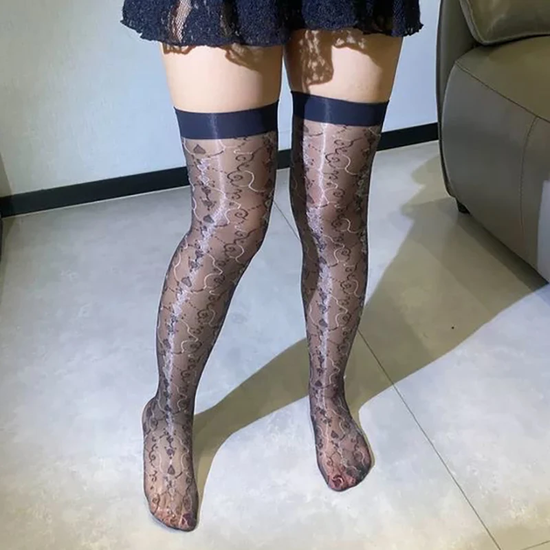 

Women's Fashion Printing Stocking Above Knee Oil Shiny Ultrathin Stocking Nightclub Party Maid Woman Sheer See Through Stocking