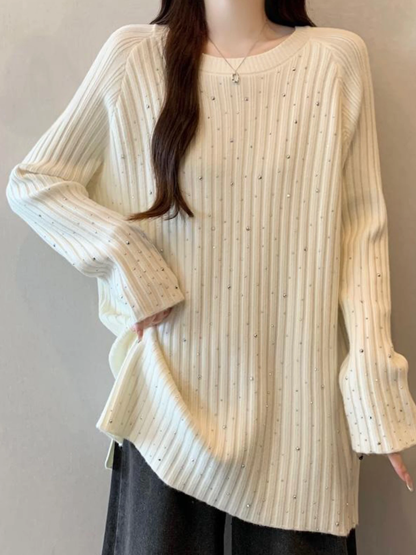 

Вязаный базовый топ для женщин, свободный крой, длинный рукав, средней длины, для повседневной носки, блестящий, осенне-зимний, больших размеров