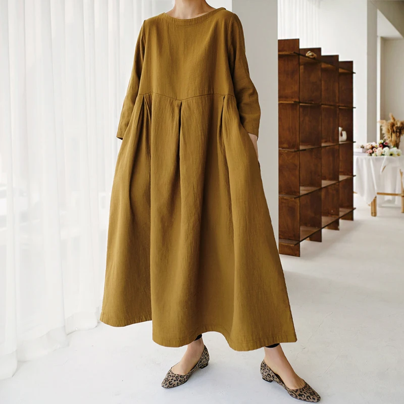 Johnature New Korean Women Clothing Dresses 2025 Autumn O-neck Casual Pockets A-line Loose Solid Color Female Dress