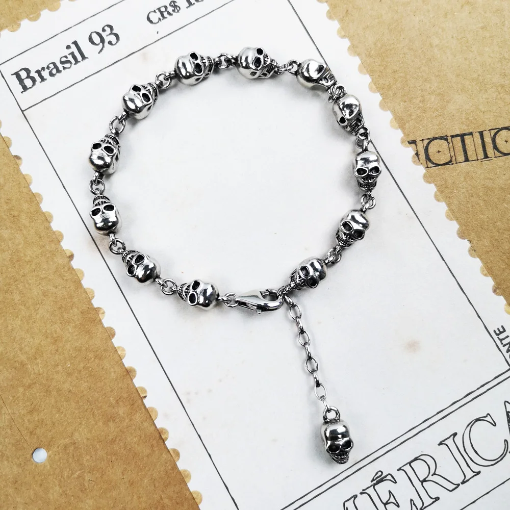 Skull Bracelets with Extend Chain 925 Sterling Silver Fine Jewelry For Woman Man Rebel Street Punk Bijoux Gift For Girlfriend