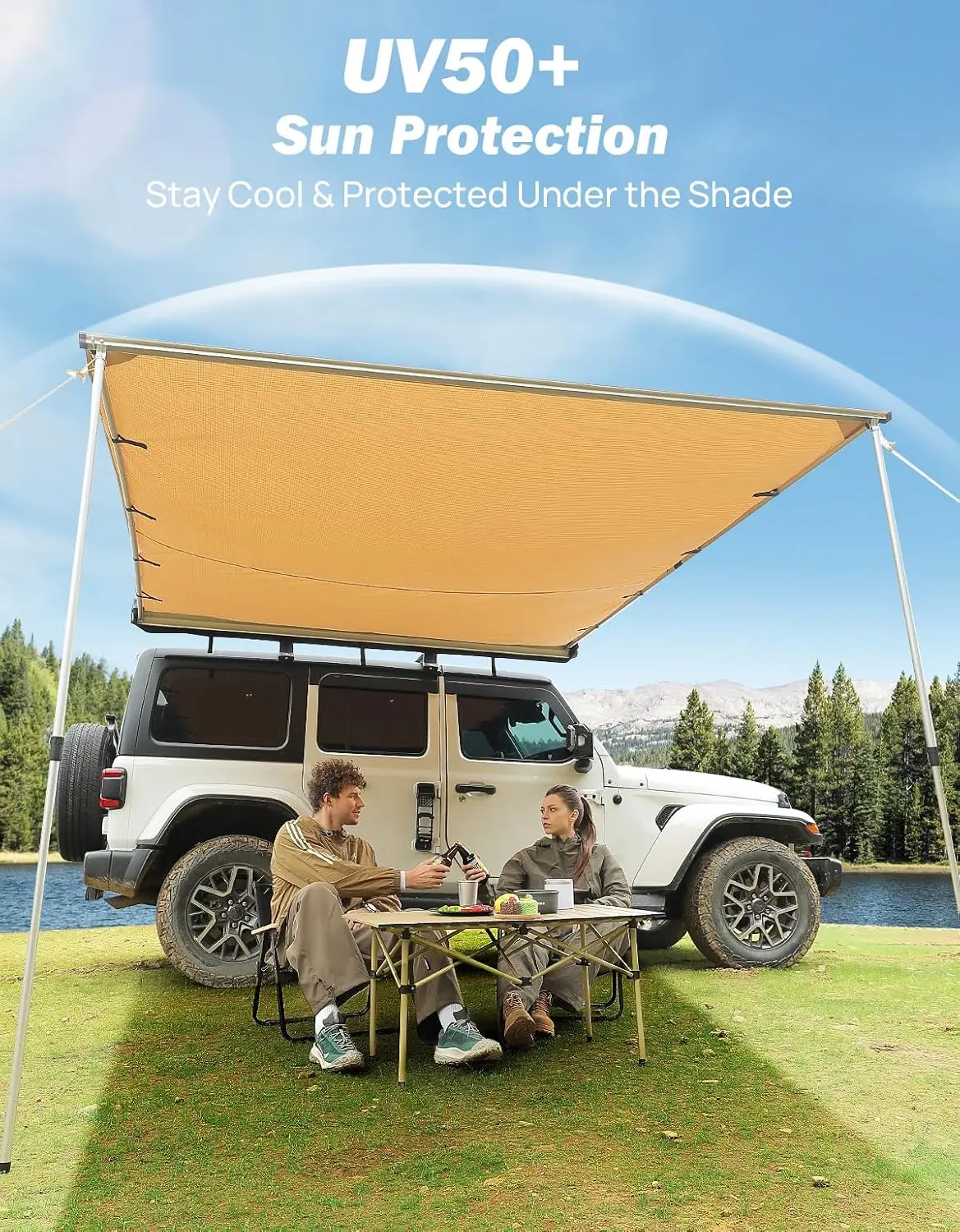 Vehicle Awning 6.6'x8.2' Roof Rack Pull-Out Sun Shade UV50+, Weatherproof 4x4 Side Sunshade for Camping, Car Awning with Adjusta