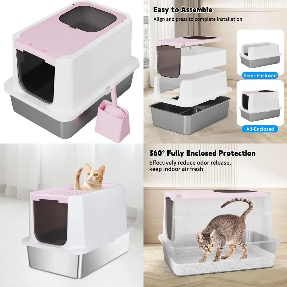 

Очень большой розовый лоток для кошек с верхним выходом, защита от протечек и контроль запаха, для использования в гараже/на хозяйственных помещениях