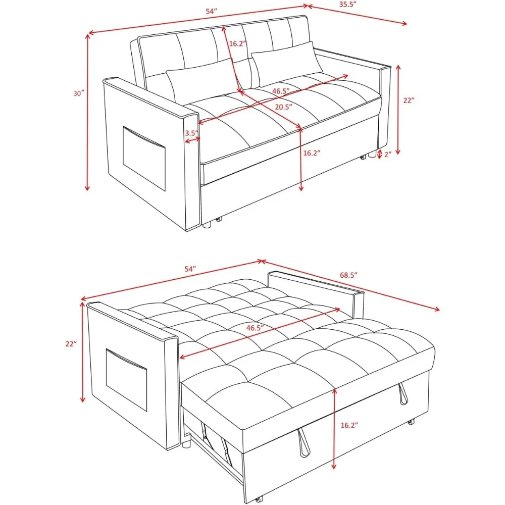 Umwandelbares Schlafsofa, 3-in-1-Schlafsofas für kleine Räume mit verstellbarer Rückenlehne und Seitentasche, Chaiselongue, Pull