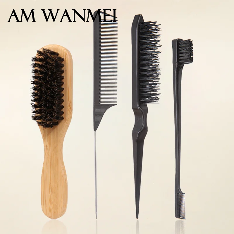 1/3/4pcs Boar Bristle Hair Brush Set Wooden Edge Control Teasing Brush with Rat Tail Smooth Oil Combs Curly Hair Styling Tools