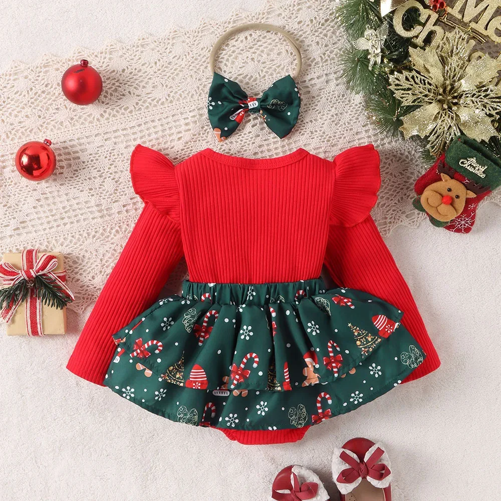 MILANCEL 0-3Y Christmas Clothes Infant Girls Floral Bodysuits with Headband Ruffle One Piece