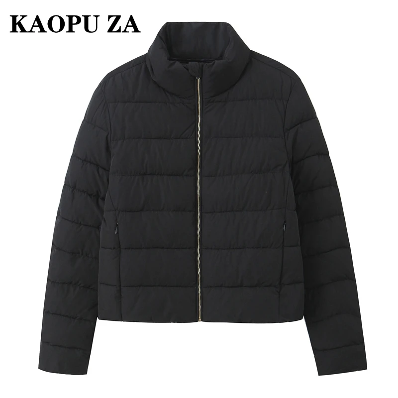 KAOPU ZA 2024 Autumn New Female Retro Long Sleeve Top Jacket Casual Winter Woman Black Stand Collar Padded Jacket Keep warm Coat