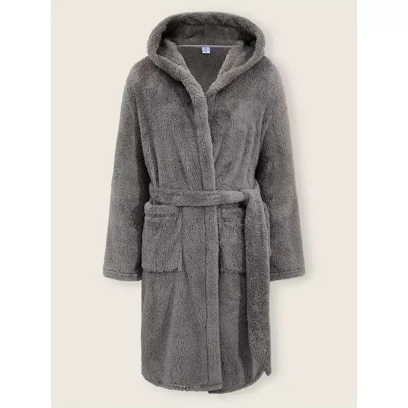 Women's Casual Hooded Robe Pajama Set Soliolor Polyester 100% Spring 2025 Fashion Ladies' Premium Quality Fur Coated Polyester