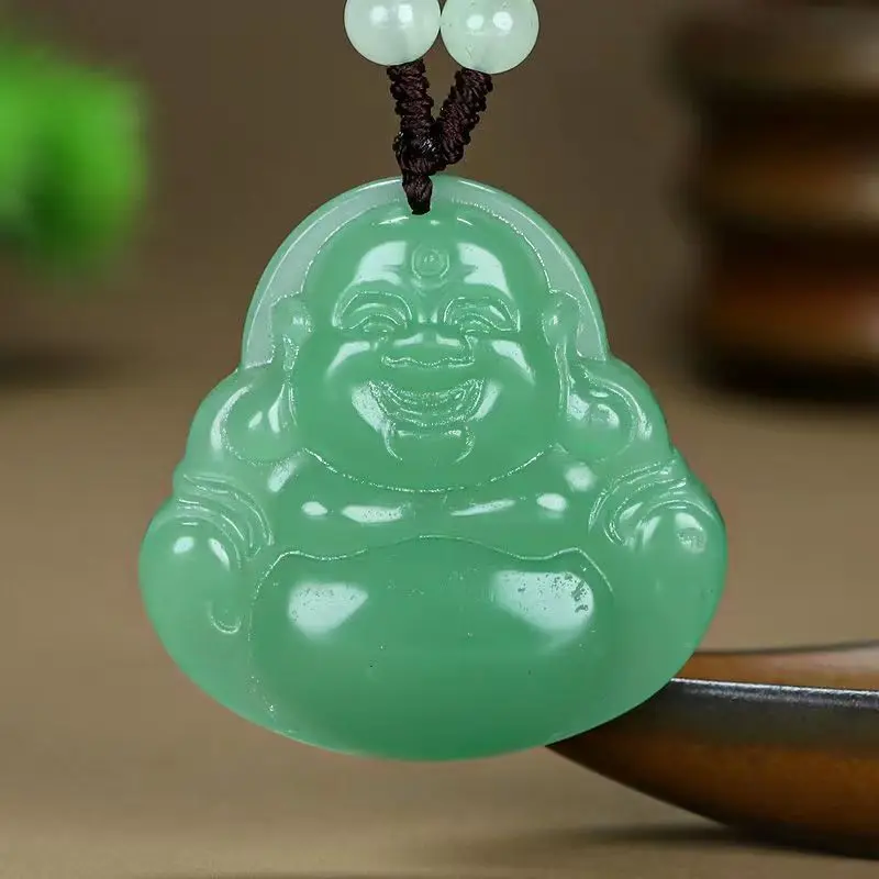 

Genuine Aventurine Smiling Buddha Pendant Green Jade Carved Jade Buddha Pendant Big Belly Buddha Necklace Women's Accessories