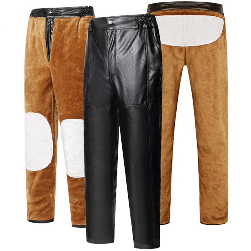 

2023 Men Leather Pants Windproof Elastic PU Leather Trousers for Motorcycle Fleece Warm Male Pants with Zipper MY606