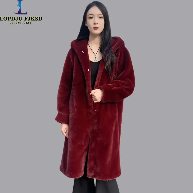 

Faux Mink Fur Coats for Women,Covered Button Long Jacket,Thicken Warm Female Clothes,Hooded Overcoat,New,Winter,2025