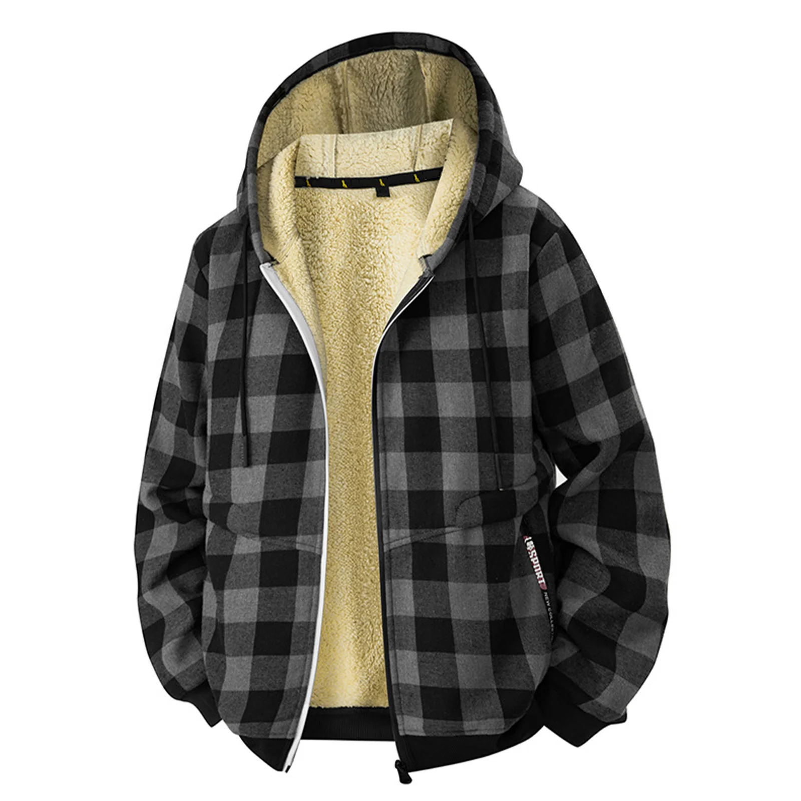 

Mens Warm Plaid Hooded Jackets Fleece Lined Long Sleeve Front Zip Outerwear Sweatshirt Coat for Office Work Daily Casual