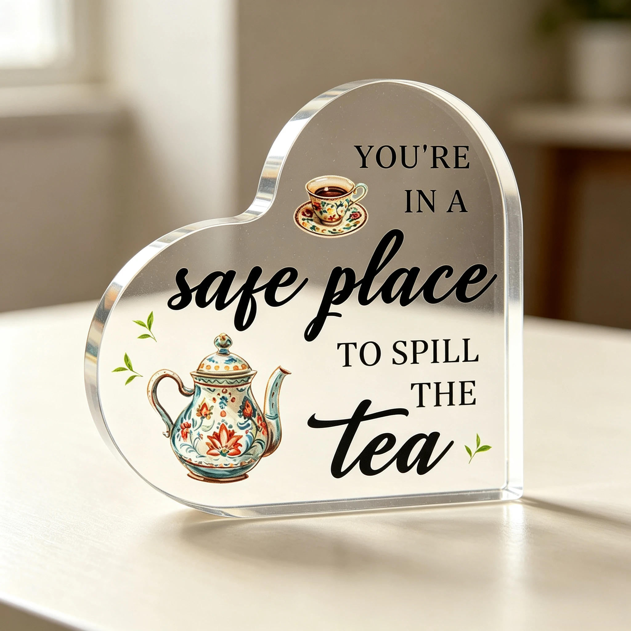 Heart‑Shaped Acrylic Plaque You're In A Safe Place To Spill The Tea Vintage Teapot Cup Freestanding Funny Friendship Keepsake Gift