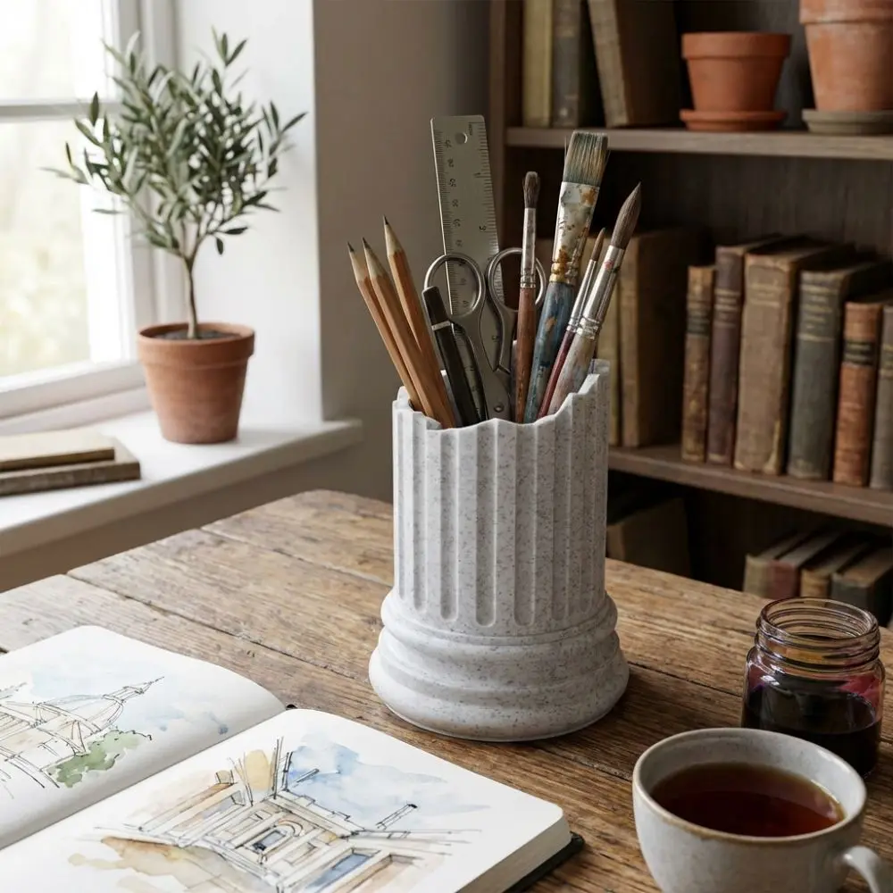 Ancient Greek Style Roman Pillar Pen Holder Stone Pillar Roman Column Pencil Holder Irregular Storage Box Desk Organizer